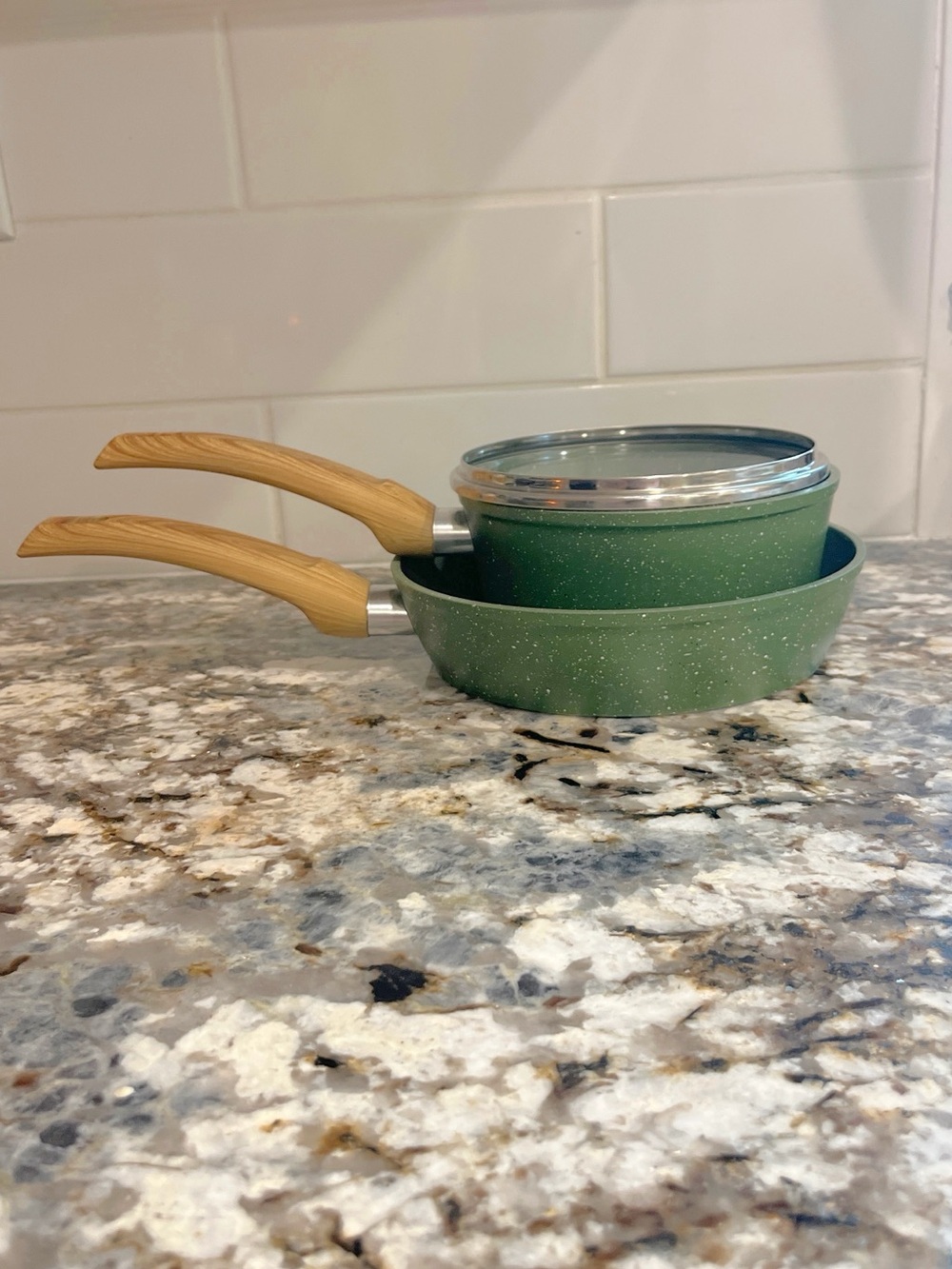 Speckled Green Nonstick Frypan and Saucepan Set with Wood-Effect Handles